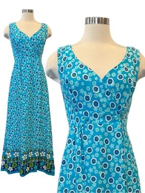 Vintage Hawaii Nei Hawaiian Blue Green Floral Border Print Maxi Gown Wrap Dress